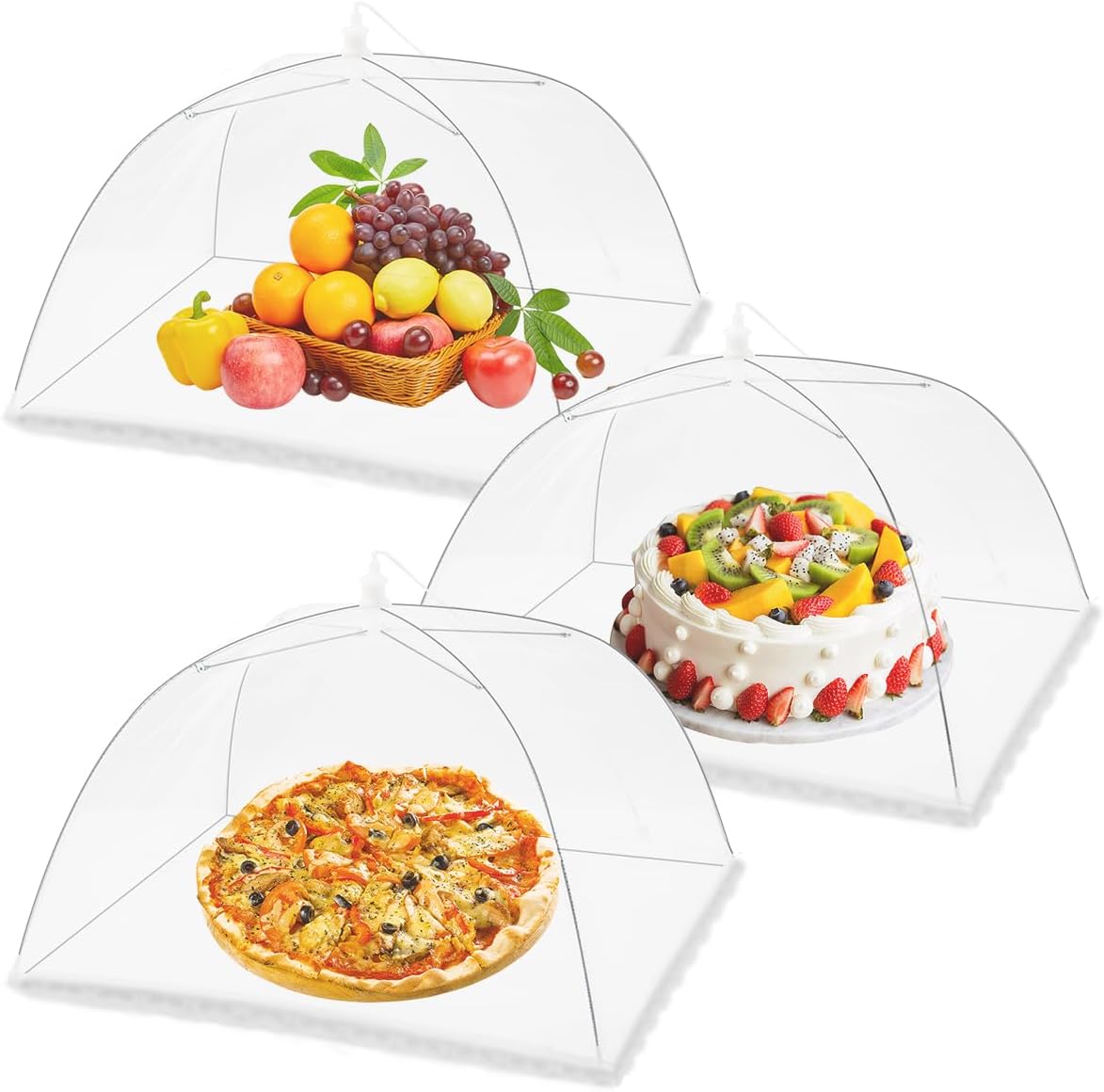 Omont Mesh Food Covers for Outside: 3 Pack 17"x17" Large Pop-Up Food Tents Umbrella Net for Outdoors, Picnic, Screen, BBQ,Reusable and Collapsible