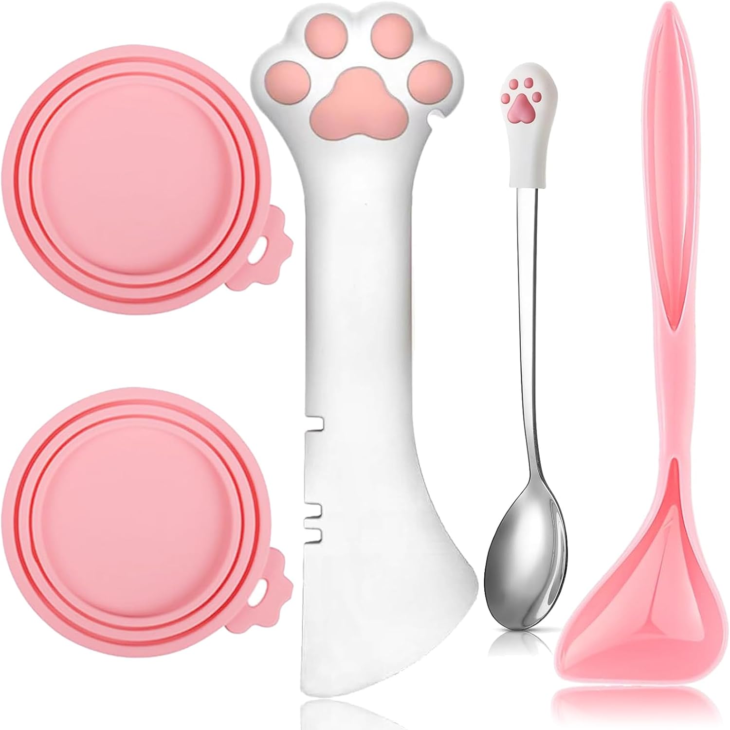 5 Pcs Pet Food Can Supplies Set Dog Cat Food Lid Cat Can Opener Cat Spoons for Wet Food (Pink)