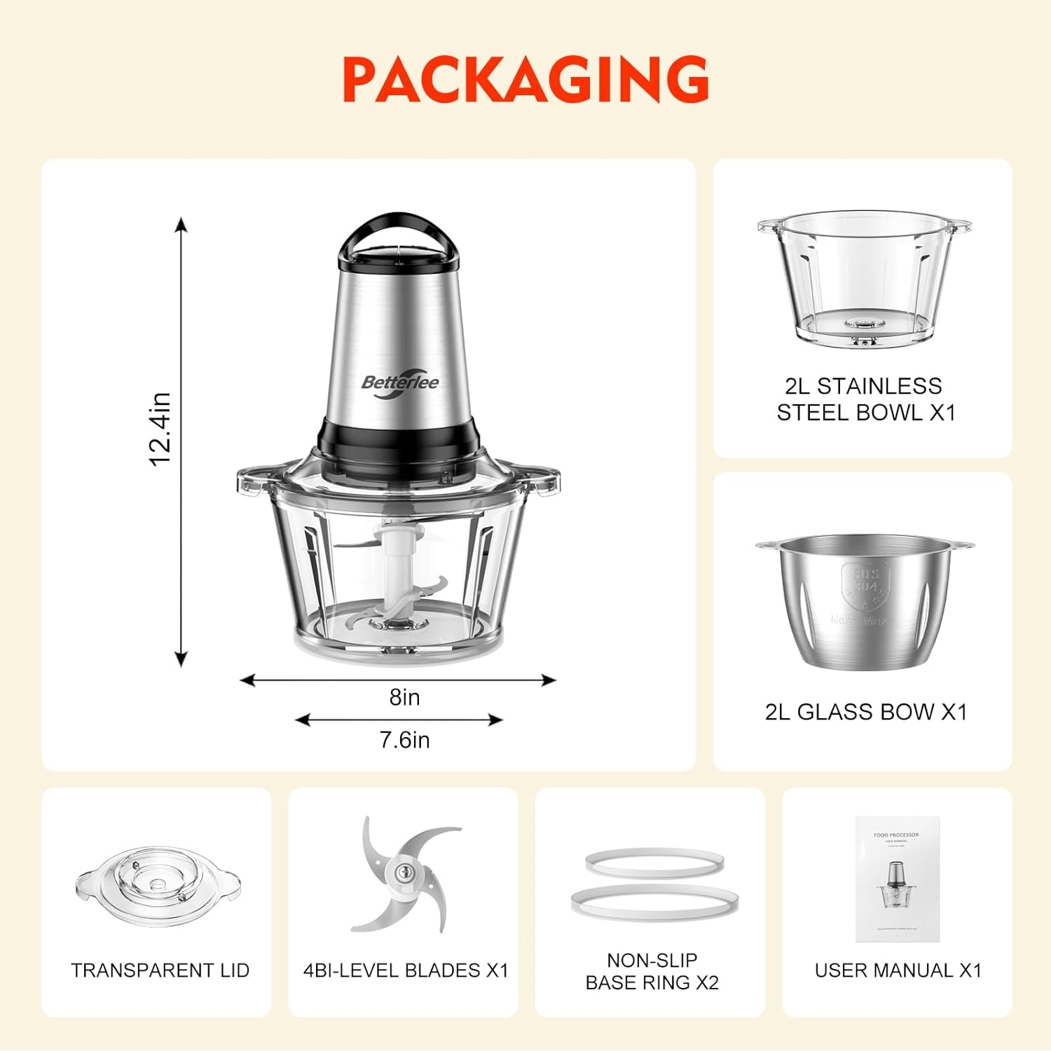 Food Processor, 500W Meat Grinder with Two 8 Cups Bowls, Electric Food Chopper with 1 Bi-Level Blades, 2 Speed Kithchen Chopper for Meats, Vegetable, Nuts, Baby Food - Image 8