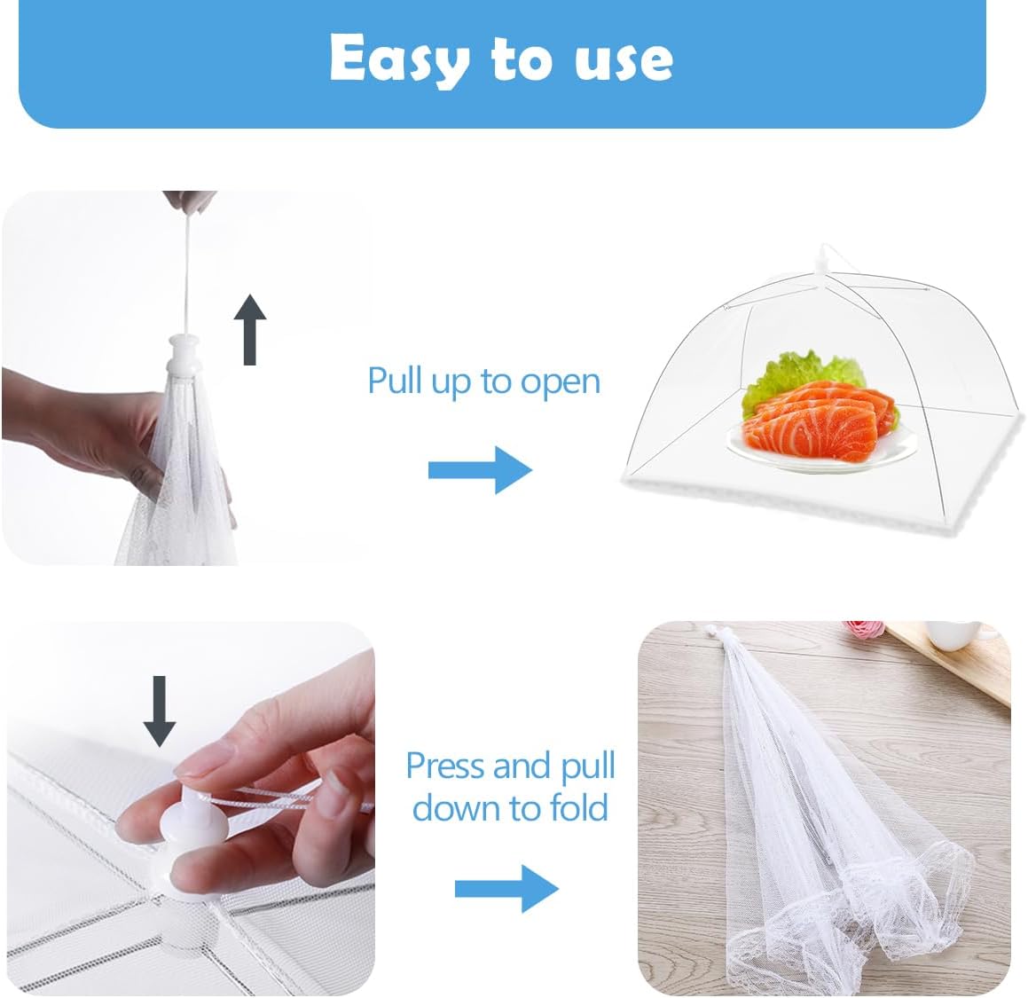 Omont Mesh Food Covers for Outside: 3 Pack 17"x17" Large Pop-Up Food Tents Umbrella Net for Outdoors, Picnic, Screen, BBQ,Reusable and Collapsible - Image 5