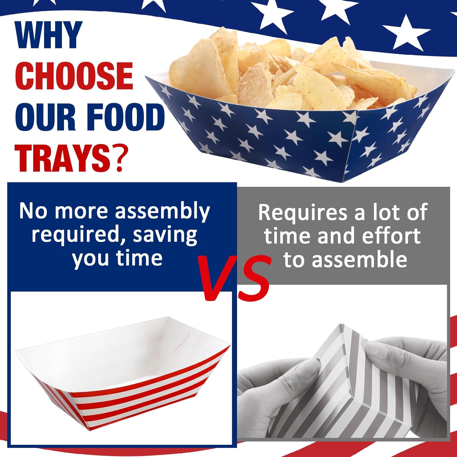 100 Pcs 4th of July Paper Food Trays 2lb American Flag Food Tray Independence Day Dinnerware Party Decorations White Blue Red Stars Stripes Food Boats Patriotic Theme Serving Trays - Image 4