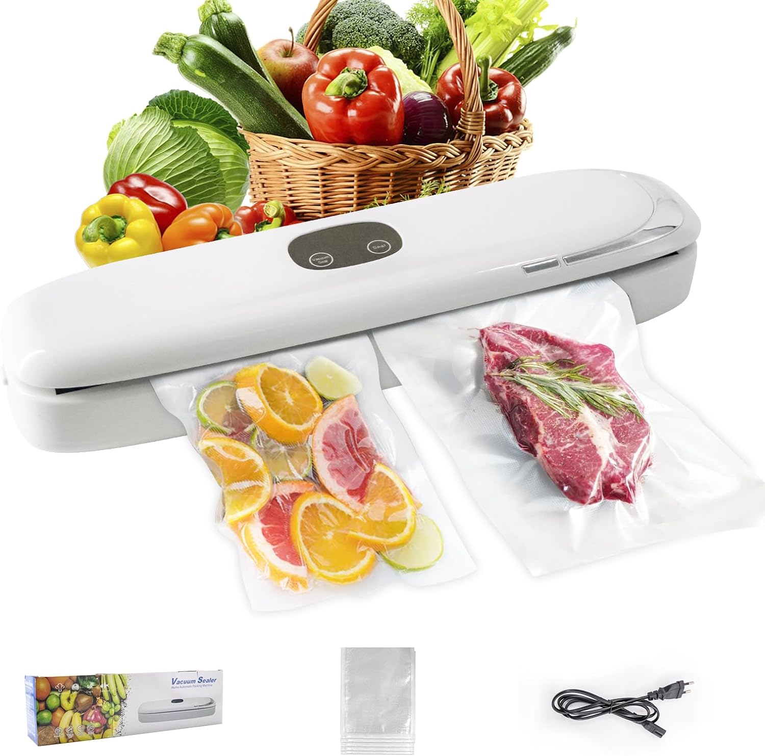 Vacuum Sealer Machine, Multifunctional Food Sealer for Sous Vide and Freshness Preservation, Includes 10 Vacuum Seal Bags, White