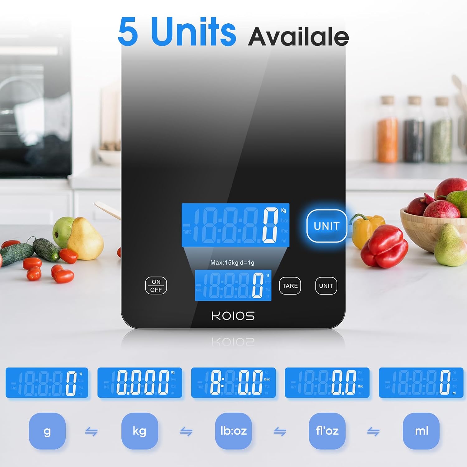 KOIOS Food Scale, 33lb/15kg Digital Kitchen Scale Grams and Ounces for Cooking Baking, 1g/0.1oz Precise Graduation, Type-C Charging, Tare Function, AAA Battery Included(Black) - Image 7
