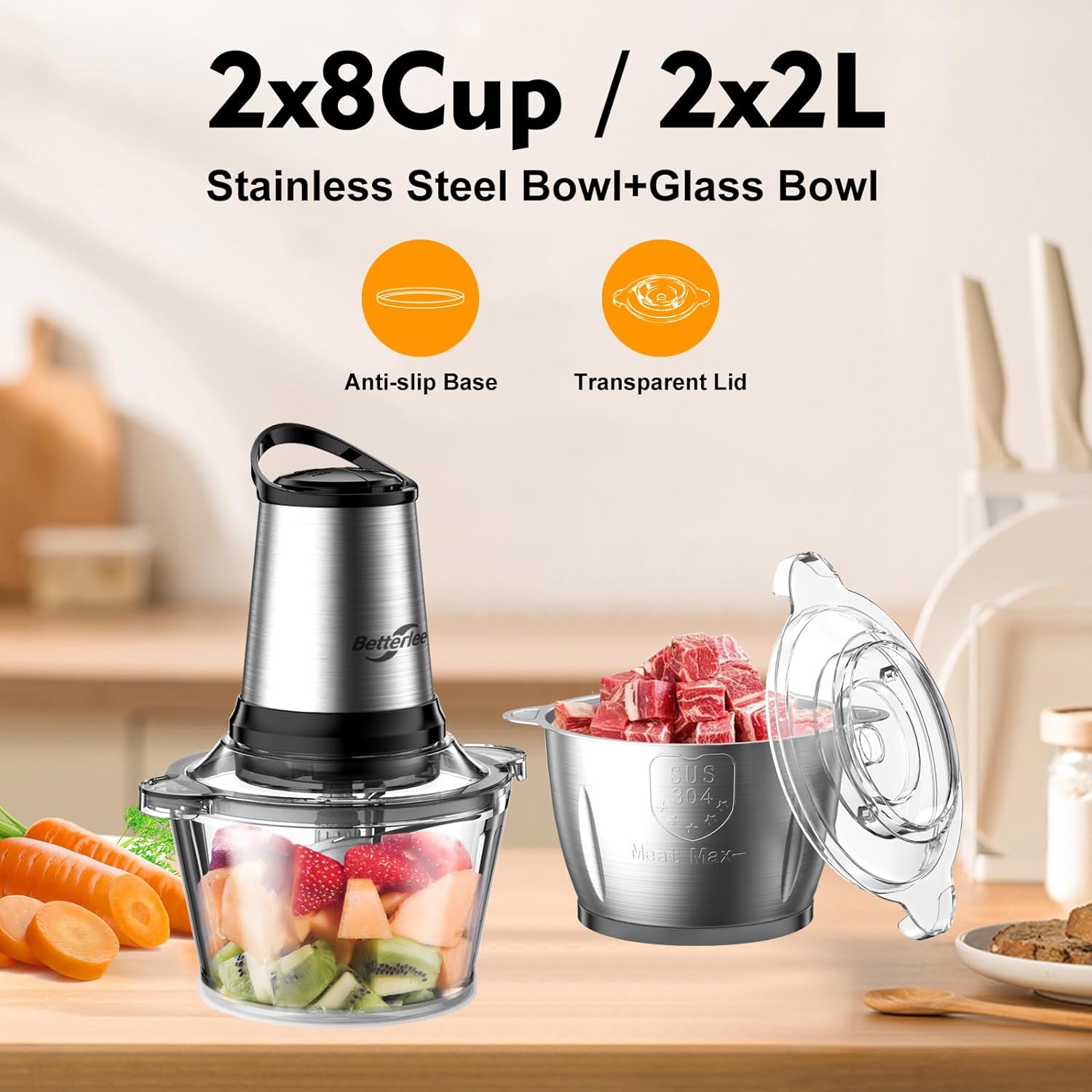 Food Processor, 500W Meat Grinder with Two 8 Cups Bowls, Electric Food Chopper with 1 Bi-Level Blades, 2 Speed Kithchen Chopper for Meats, Vegetable, Nuts, Baby Food - Image 2