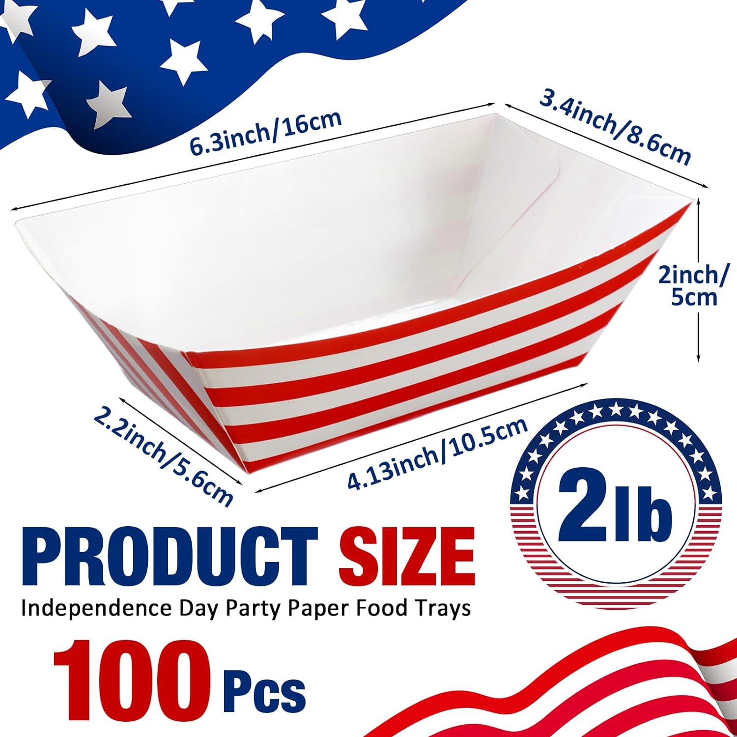 100 Pcs 4th of July Paper Food Trays 2lb American Flag Food Tray Independence Day Dinnerware Party Decorations White Blue Red Stars Stripes Food Boats Patriotic Theme Serving Trays - Image 2