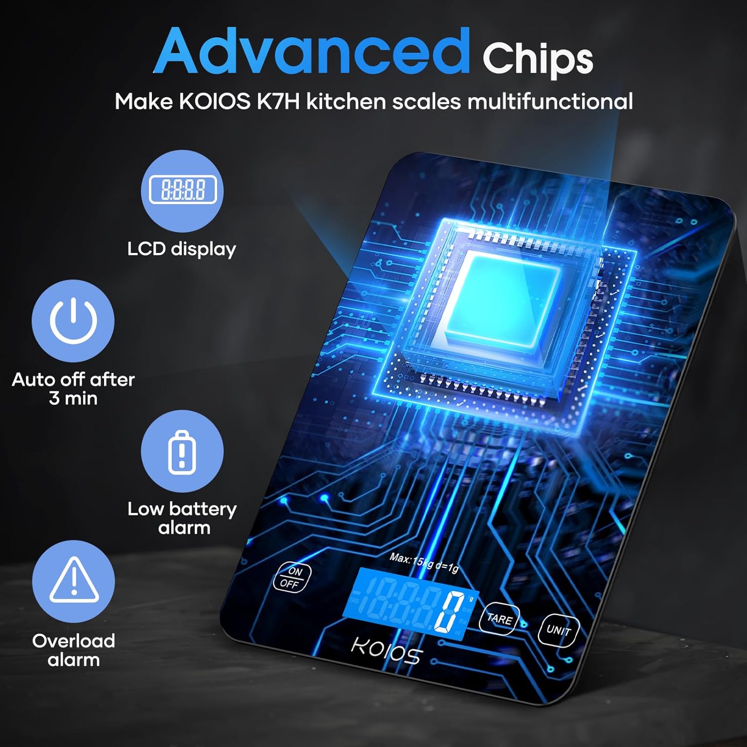 KOIOS Food Scale, 33lb/15kg Digital Kitchen Scale Grams and Ounces for Cooking Baking, 1g/0.1oz Precise Graduation, Type-C Charging, Tare Function, AAA Battery Included(Black) - Image 5