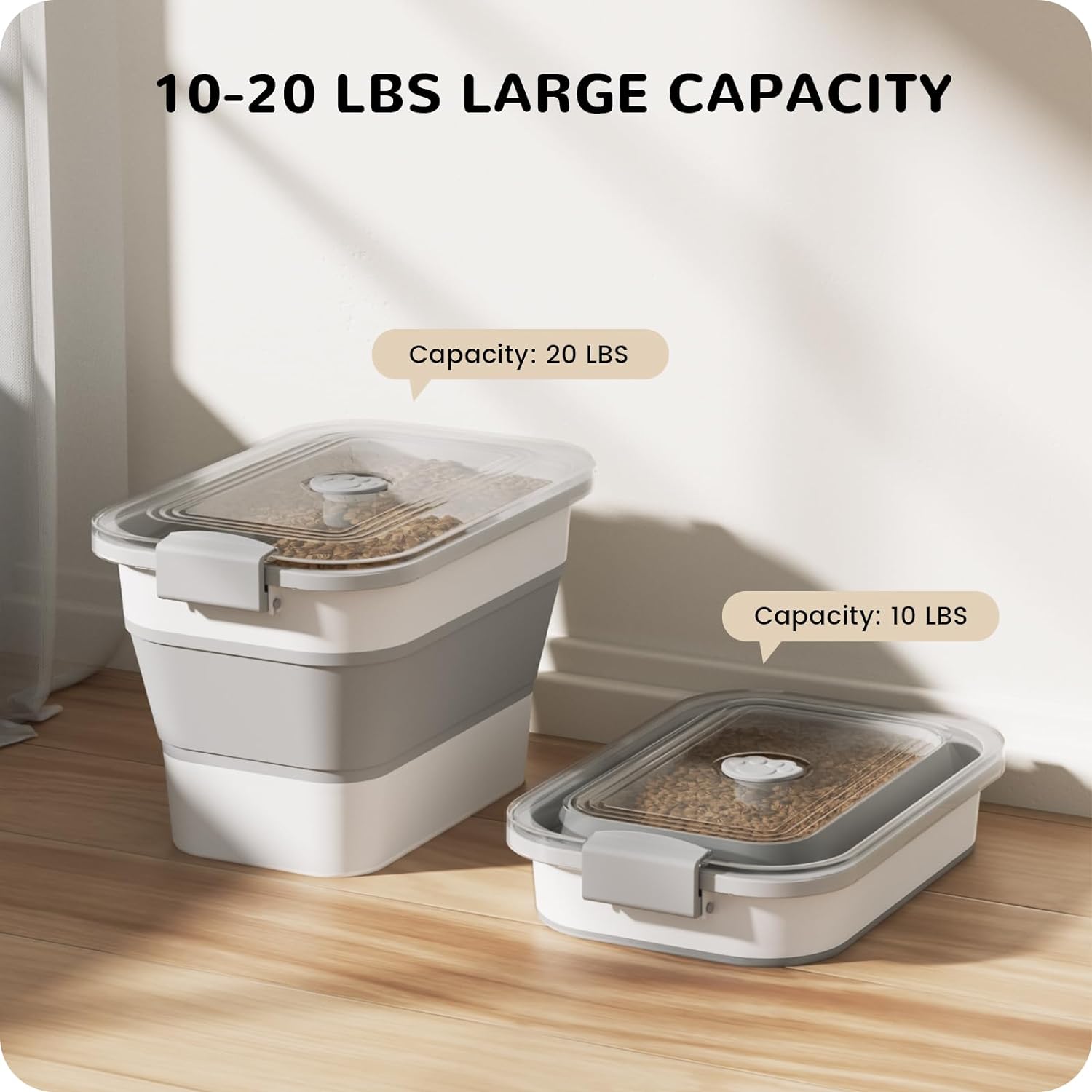 A-LuGei 23 lbs Airtight Dog Food Storage Container,【Easy to Travel】 Collapsible Pet Food Storage Bin with Attachable Casters,【Keep Dry Food Fresh】 Cat Food Container with Clear Lid and Measuring Cup - Image 3