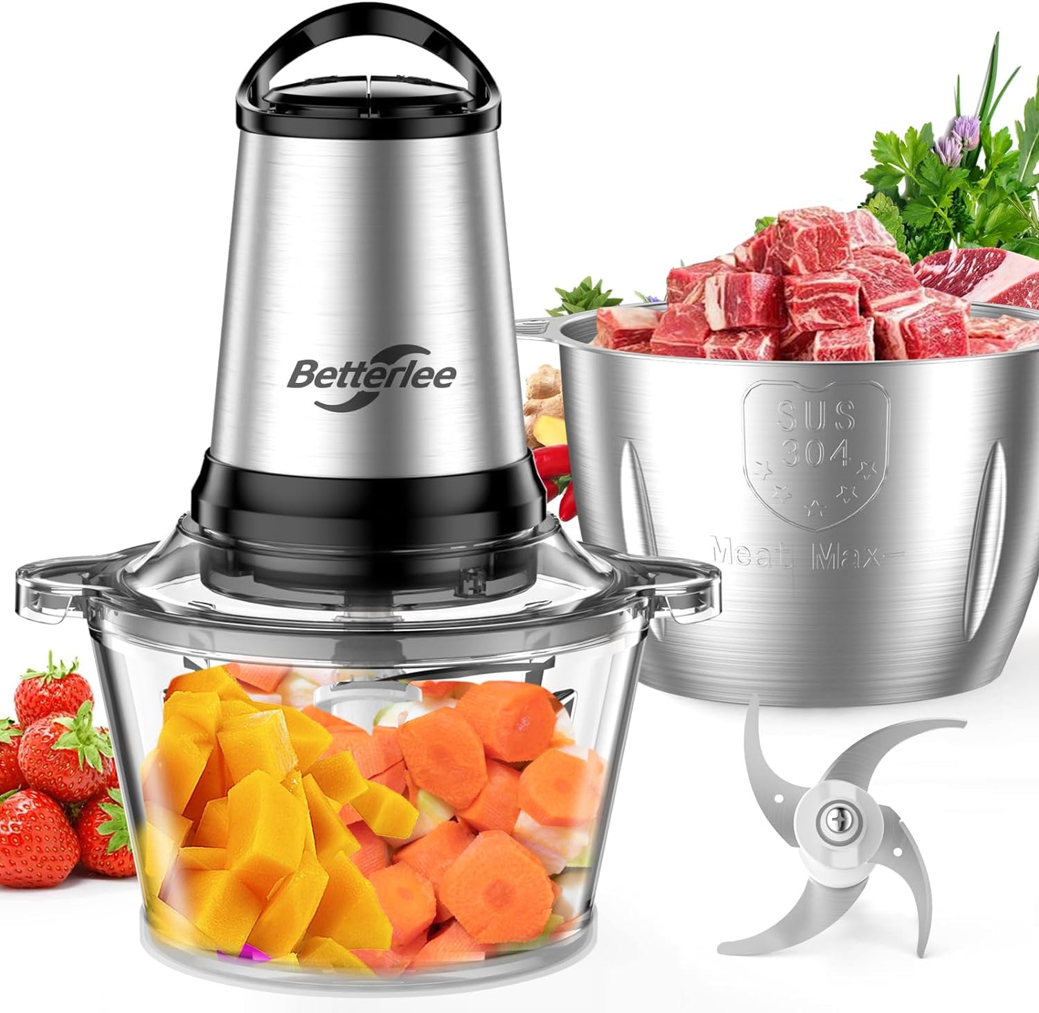 Food Processor, 500W Meat Grinder with Two 8 Cups Bowls, Electric Food Chopper with 1 Bi-Level Blades, 2 Speed Kithchen Chopper for Meats, Vegetable, Nuts, Baby Food