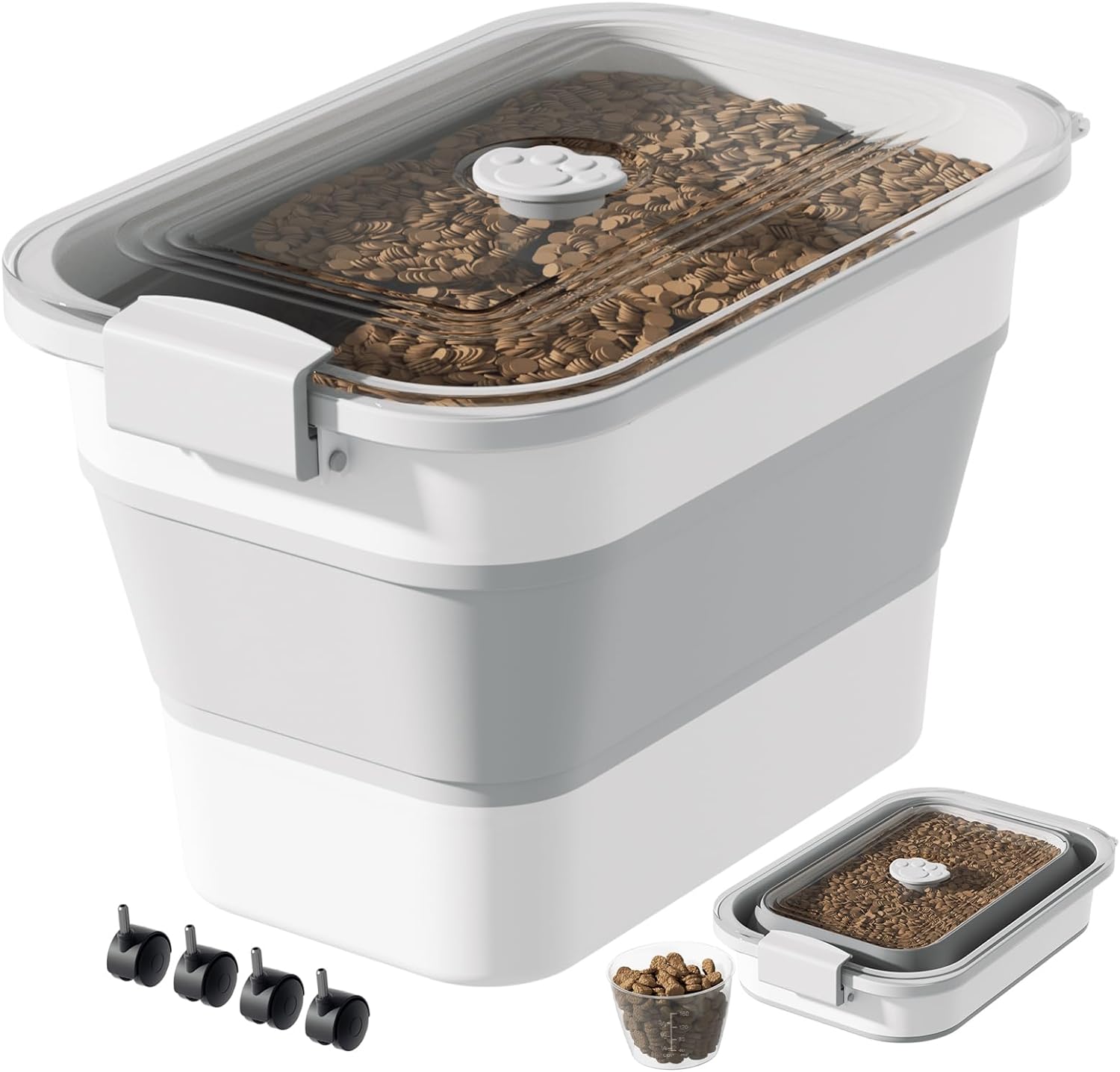 A-LuGei 23 lbs Airtight Dog Food Storage Container,【Easy to Travel】 Collapsible Pet Food Storage Bin with Attachable Casters,【Keep Dry Food Fresh】 Cat Food Container with Clear Lid and Measuring Cup