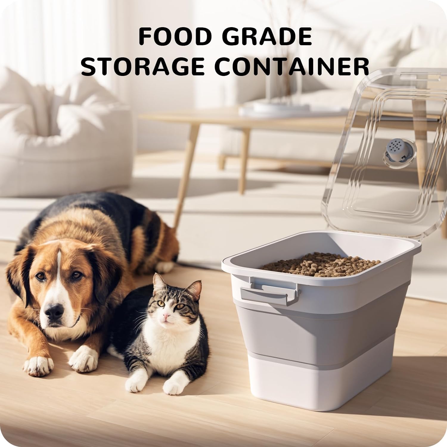 A-LuGei 23 lbs Airtight Dog Food Storage Container,【Easy to Travel】 Collapsible Pet Food Storage Bin with Attachable Casters,【Keep Dry Food Fresh】 Cat Food Container with Clear Lid and Measuring Cup - Image 2