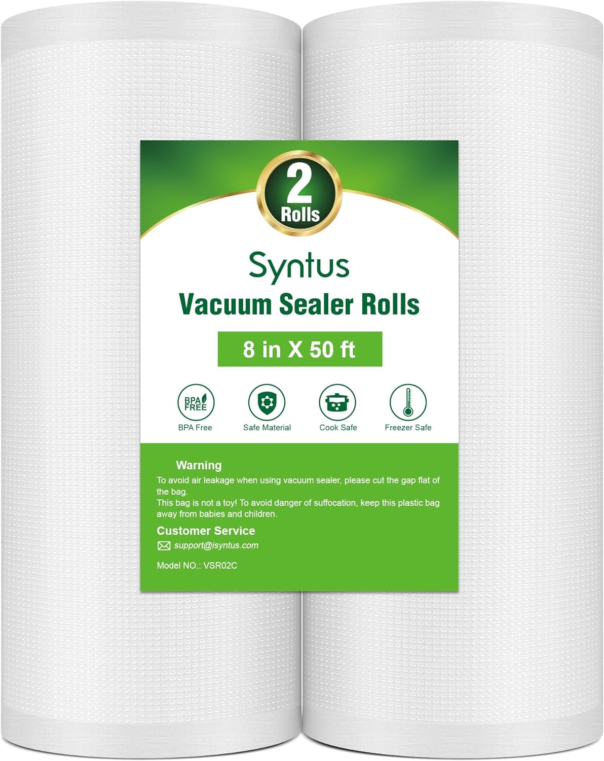 Syntus Vacuum Sealer Bags for Food, 2 Rolls 8" x 50' Commercial Grade Bag Rolls, BPA Free Food Vac Bags for Storage, Meal Prep or Sous Vide