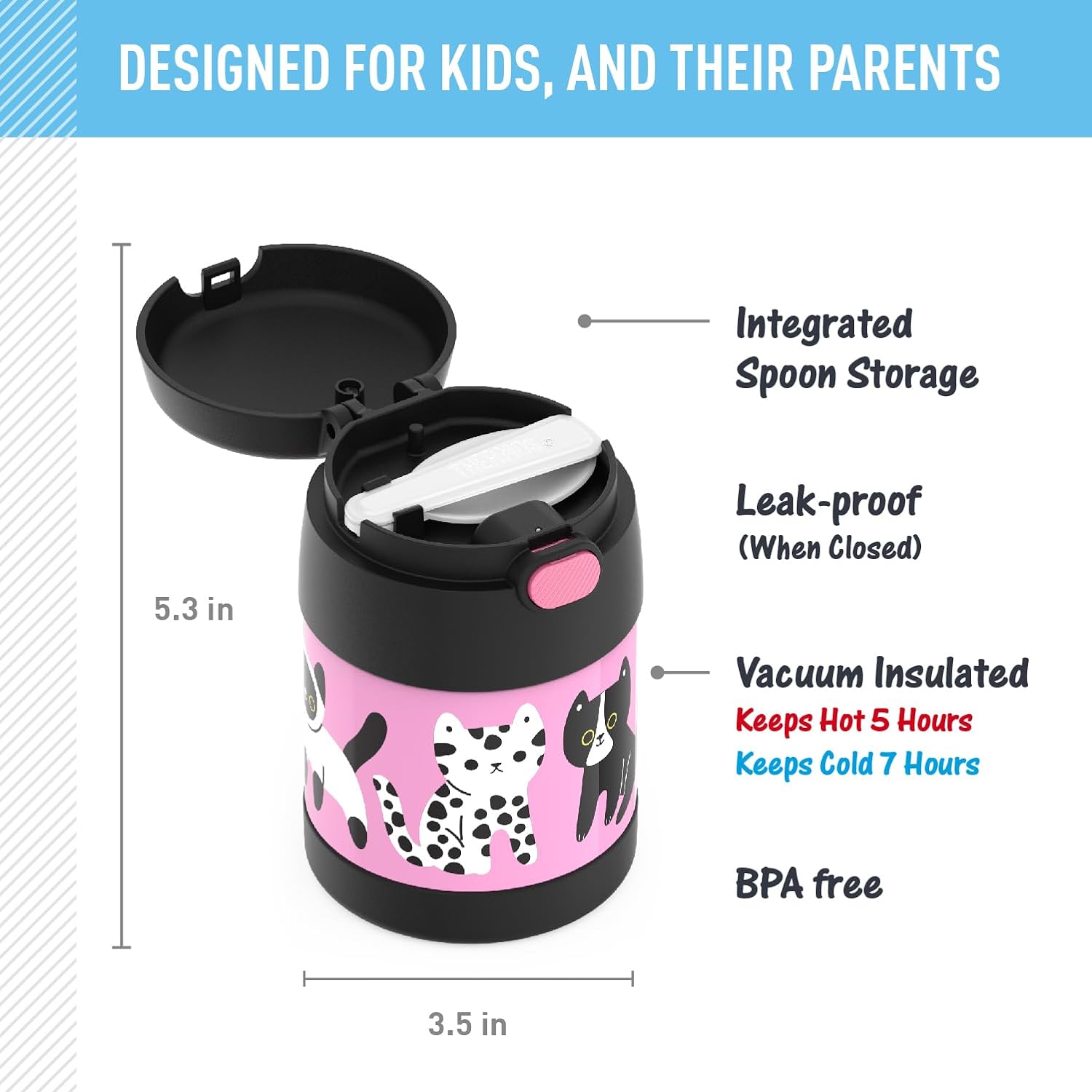 THERMOS FUNTAINER 10 Ounce Stainless Steel Vacuum Insulated Kids Food Jar with Spoon, Kittens - Image 2
