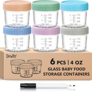 6 Pack Glass Baby Food Storage Containers - 4 Oz Baby Food Jars with Lids Baby Food Maker Microwave Dishwasher Freezer Safe 100% Leak Proof BPA Free Reusable