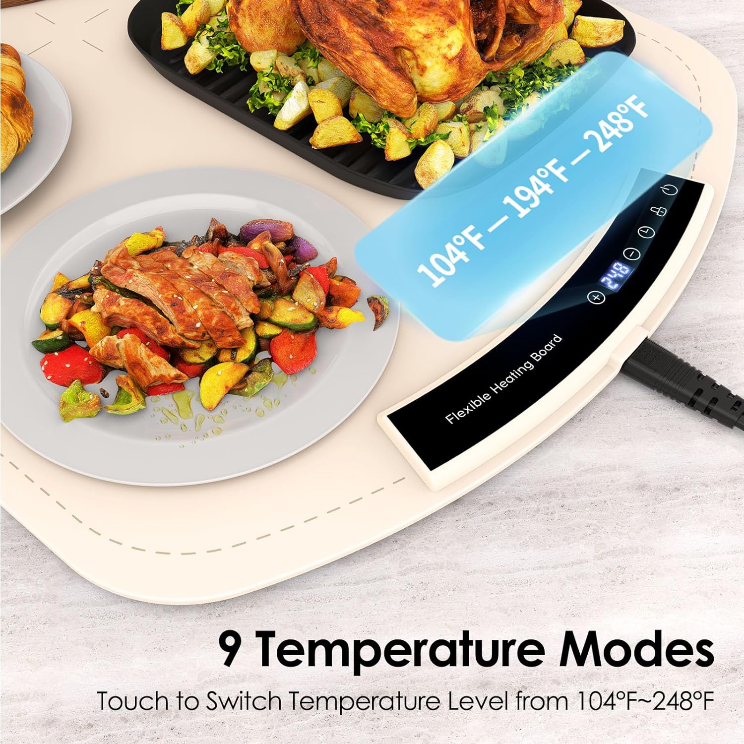 Food Warming Mat, Electric Warming Tray for Buffets & Parties, Silicone Heating Mat for Food with 9 Temperature Settings, Roll-Up Storage, 25.8"x15.6" - Image 3