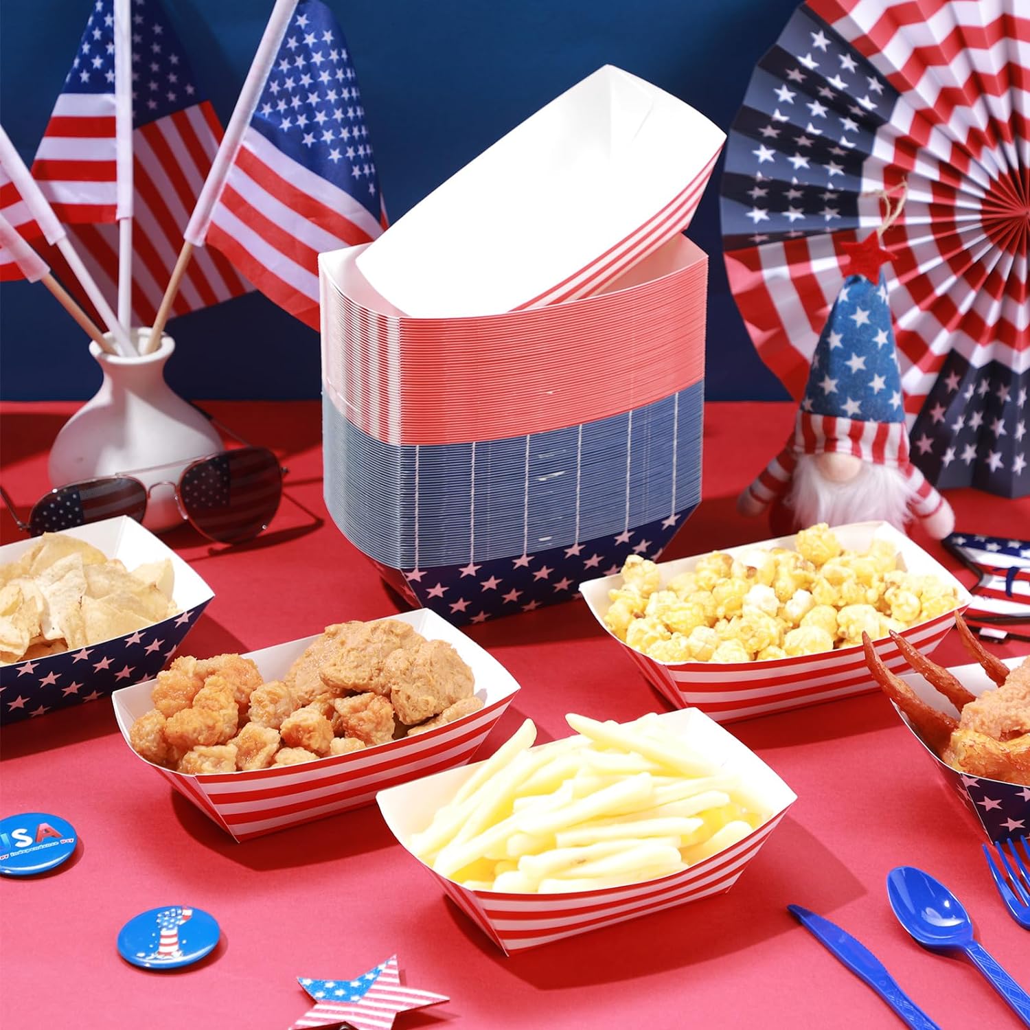 100 Pcs 4th of July Paper Food Trays 2lb American Flag Food Tray Independence Day Dinnerware Party Decorations White Blue Red Stars Stripes Food Boats Patriotic Theme Serving Trays - Image 5