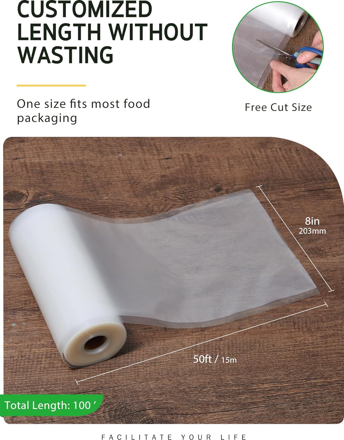 Syntus Vacuum Sealer Bags for Food, 2 Rolls 8" x 50' Commercial Grade Bag Rolls, BPA Free Food Vac Bags for Storage, Meal Prep or Sous Vide - Image 2