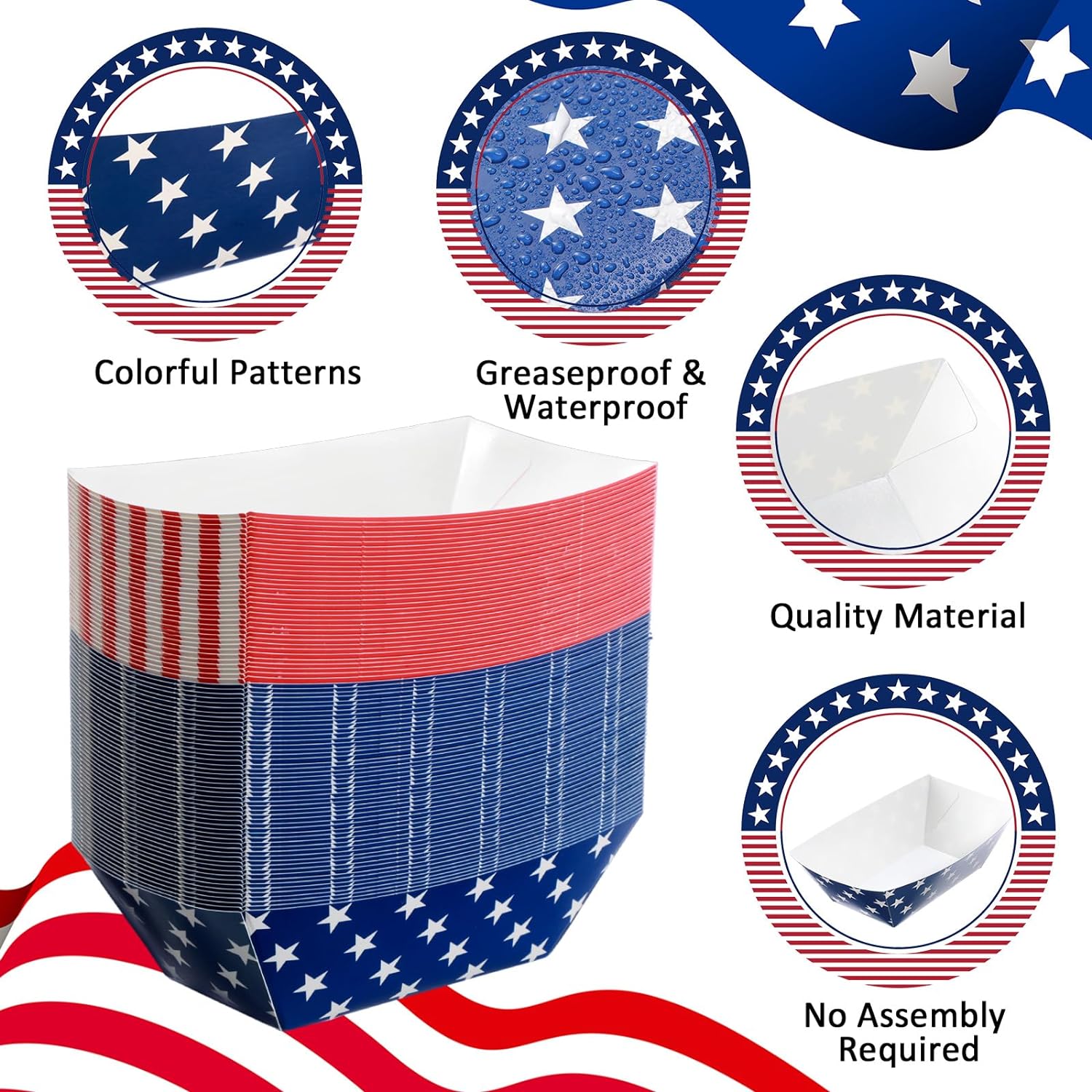 100 Pcs 4th of July Paper Food Trays 2lb American Flag Food Tray Independence Day Dinnerware Party Decorations White Blue Red Stars Stripes Food Boats Patriotic Theme Serving Trays - Image 3