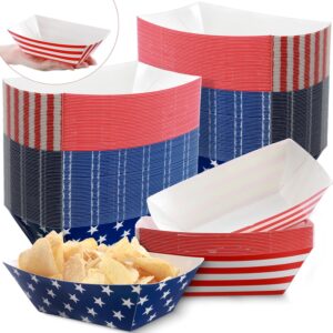 100 Pcs 4th of July Paper Food Trays 2lb American Flag Food Tray Independence Day Dinnerware Party Decorations White Blue Red Stars Stripes Food Boats Patriotic Theme Serving Trays