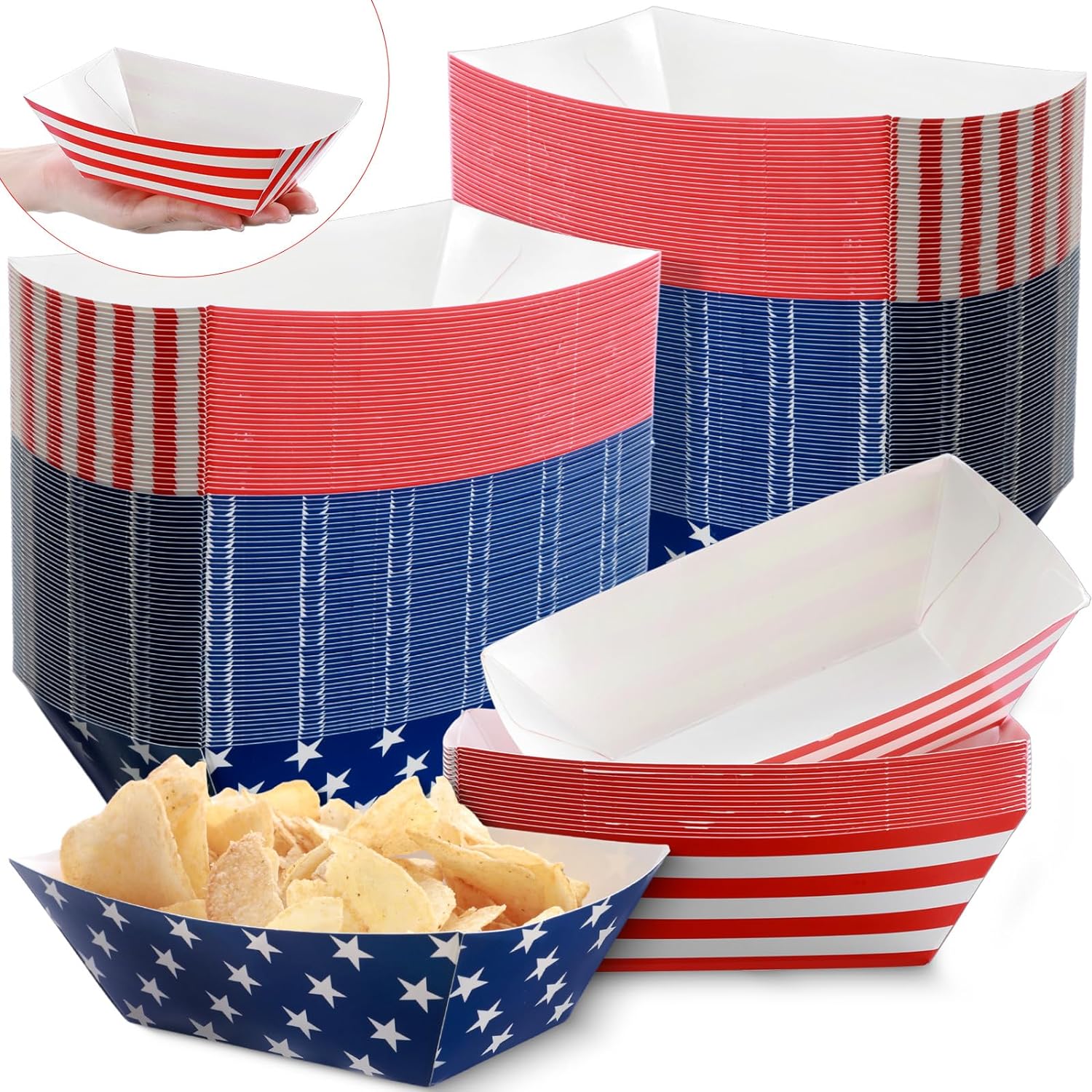 100 Pcs 4th of July Paper Food Trays 2lb American Flag Food Tray Independence Day Dinnerware Party Decorations White Blue Red Stars Stripes Food Boats Patriotic Theme Serving Trays