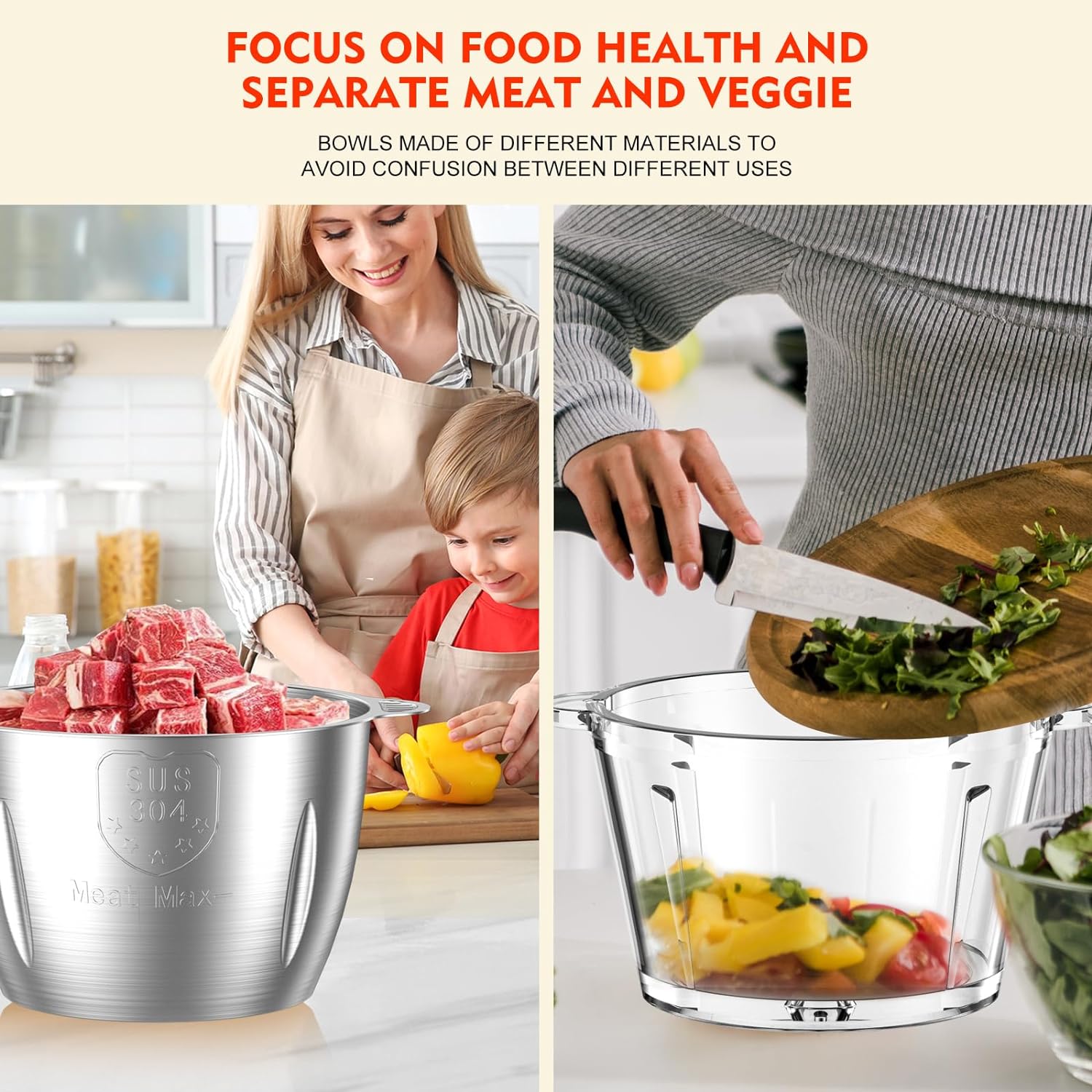 Food Processor, 500W Meat Grinder with Two 8 Cups Bowls, Electric Food Chopper with 1 Bi-Level Blades, 2 Speed Kithchen Chopper for Meats, Vegetable, Nuts, Baby Food - Image 4