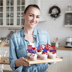 4th Of July Gillter Cupcake Toppers Decorations Patriotic Independence Day Party Supplies Cake Dessert Ice Cream Toppers Accessories Food/Appetizer Picks 20 Pieces Red Blue Hats Stars